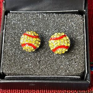 Yellow and Red Rhinestone Softball Pierced Earrings, Fast-pitch, Stud